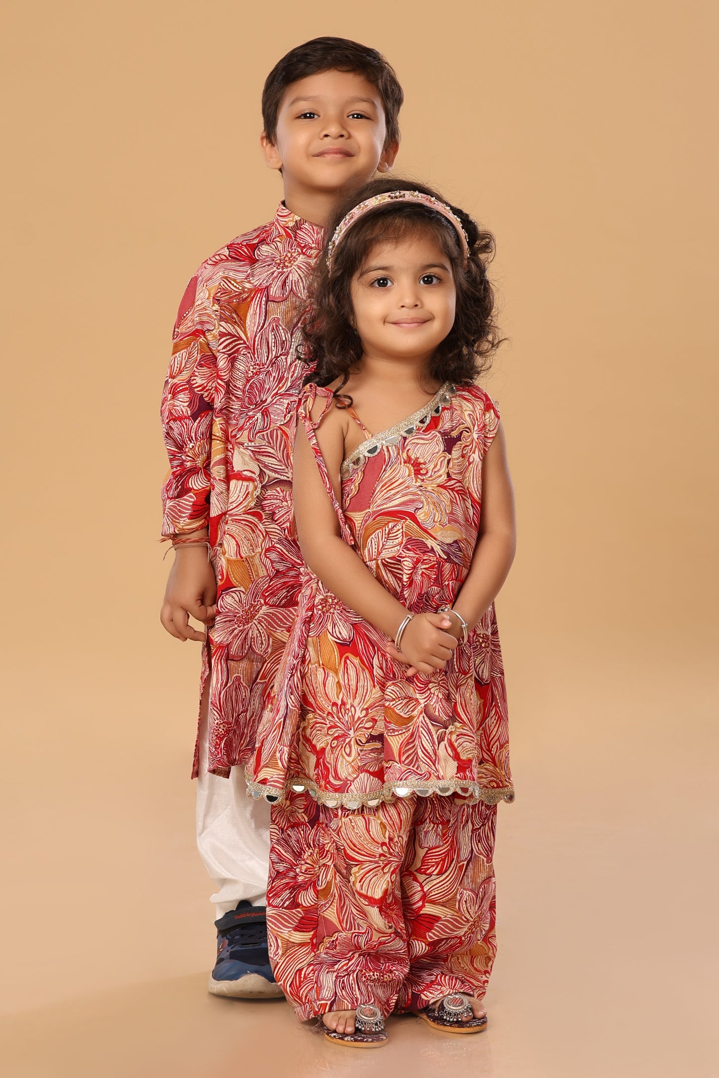 Floral Printed Off Shoulder Twinning Set - Red