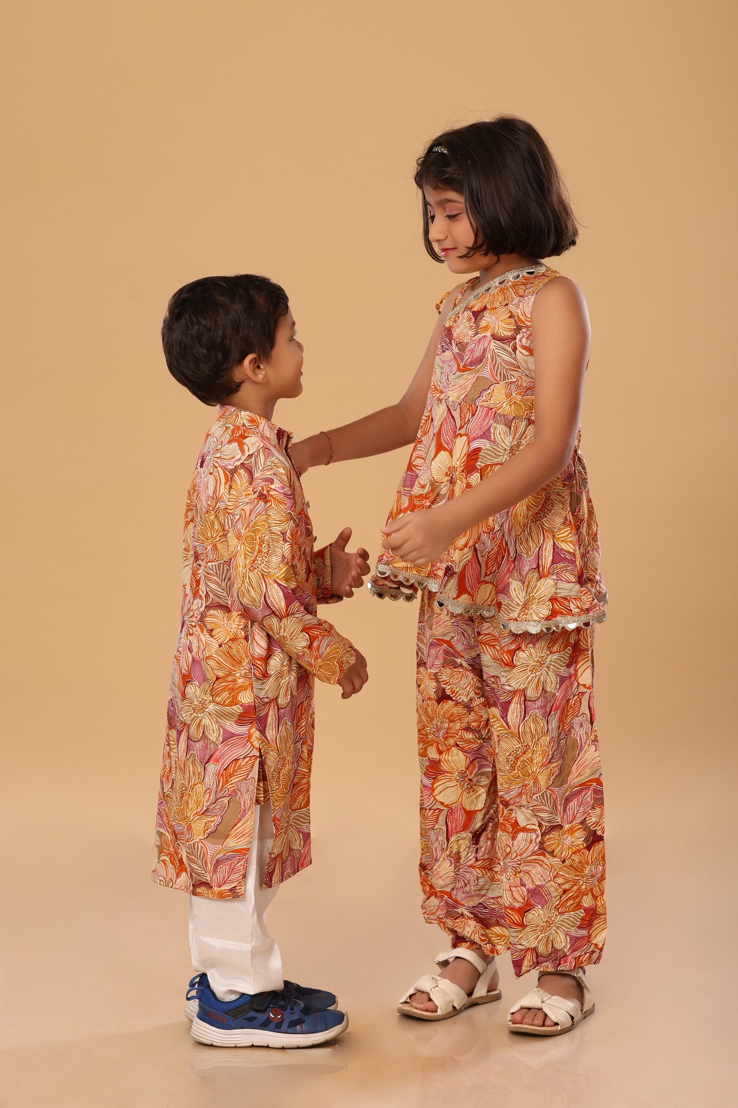 Floral Printed Off Shoulder Twinning Set - Orange