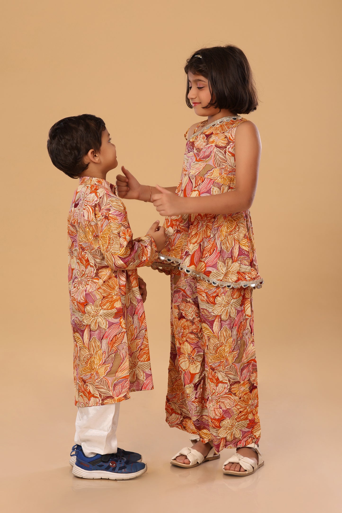 Floral Printed Off Shoulder Twinning Set - Orange