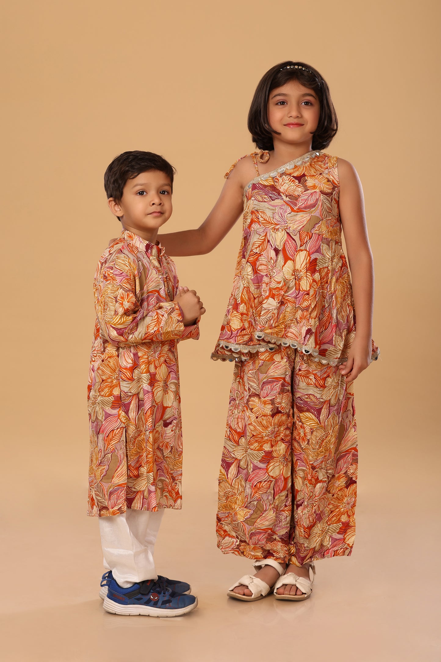 Floral Printed Off Shoulder Twinning Set - Boy - Orange