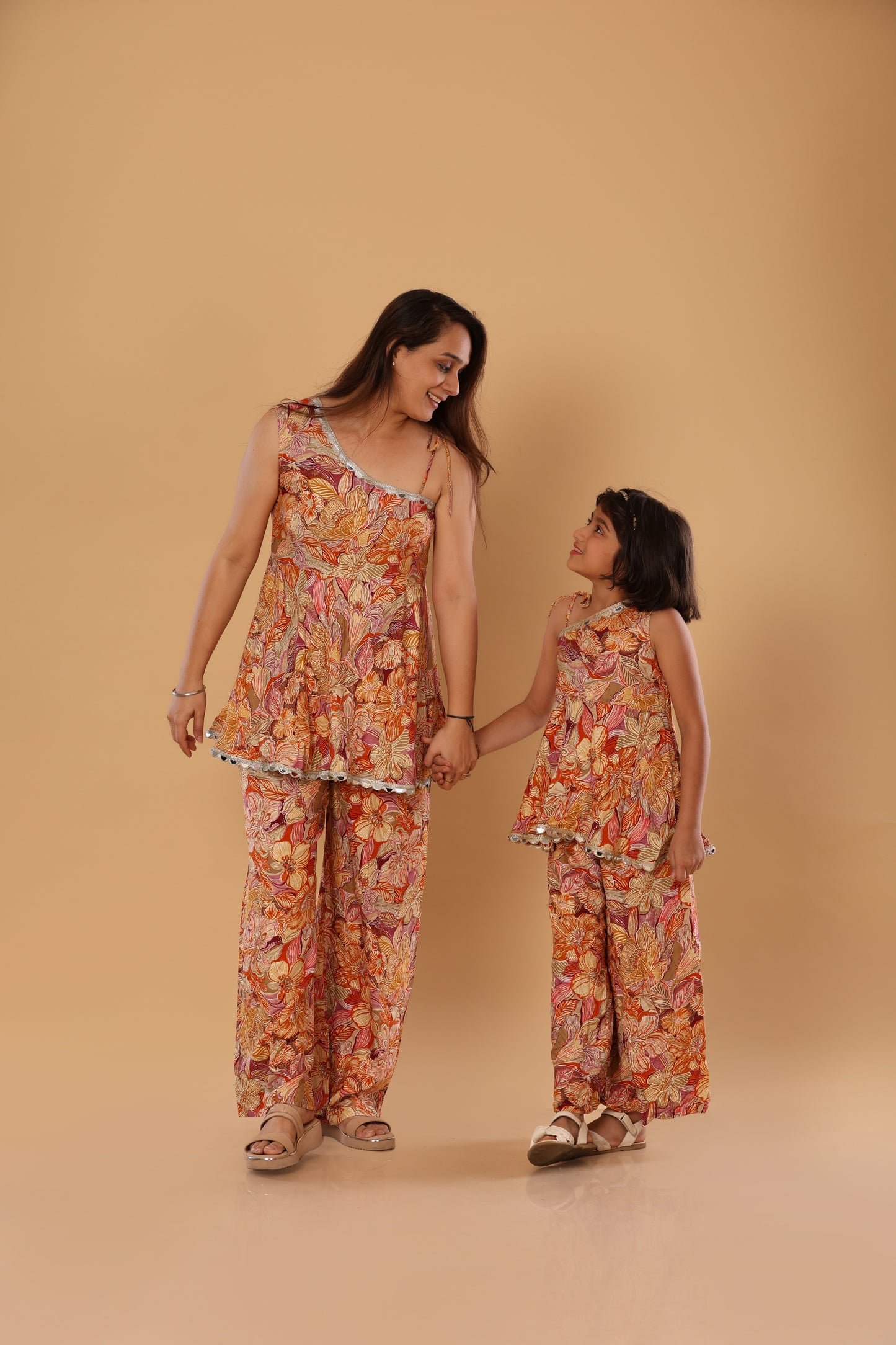 Mother Daughter Duo/ Floral Print Off Shoulder Set- Orange