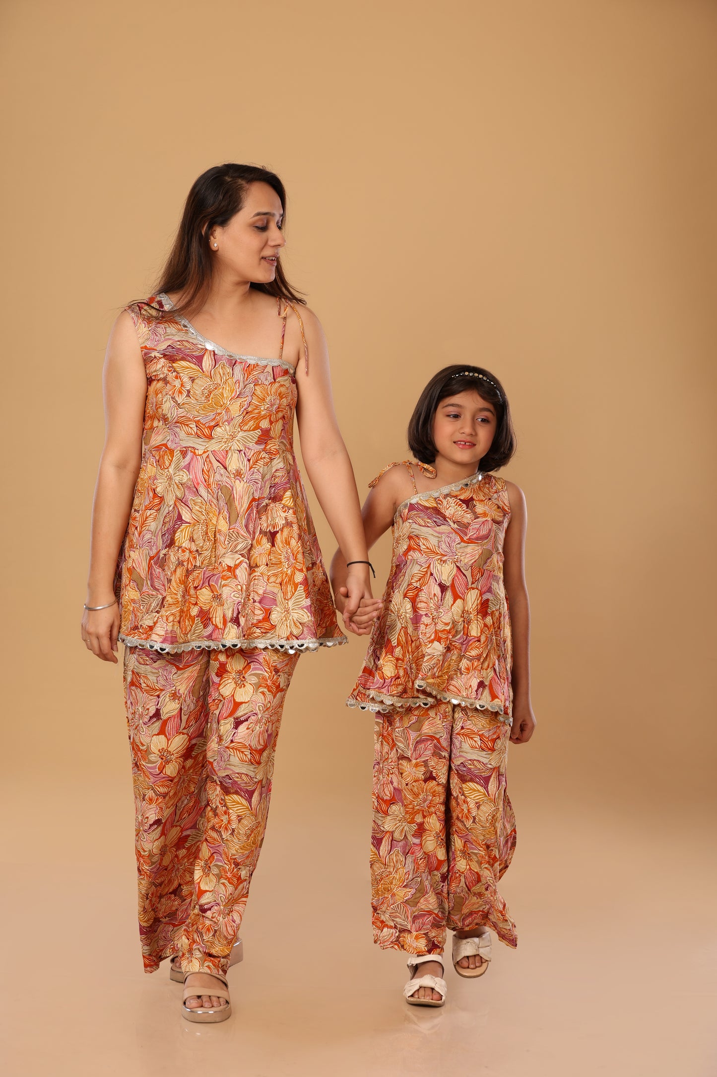 Mother Daughter Duo/ Floral Print Off Shoulder Set- Orange