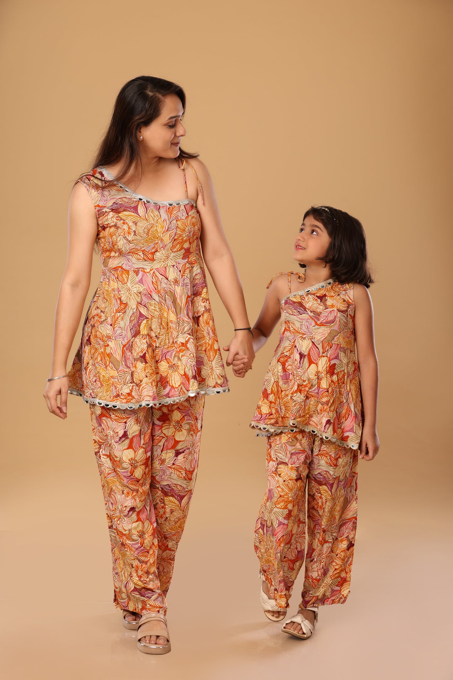 Mother Daughter Duo/ Floral Print Off Shoulder Set- Orange
