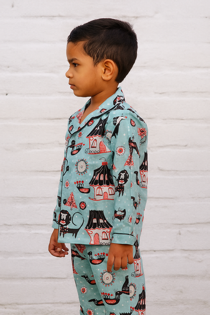 Blue Houseshaped Print Nigthwear