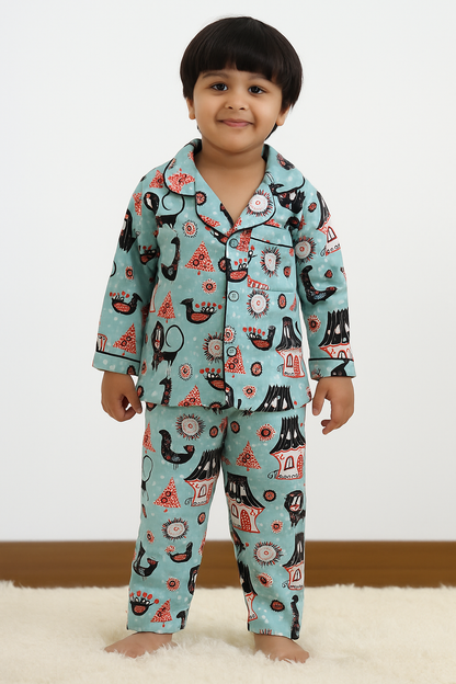 Blue Houseshaped Print Nigthwear