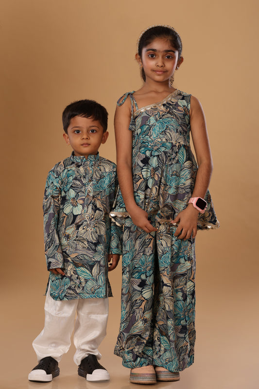 Floral Printed Off Shoulder Twinning Set - Boy - Blue