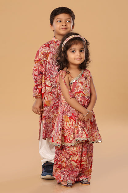 Floral Printed Off Shoulder Twinning Set - Red