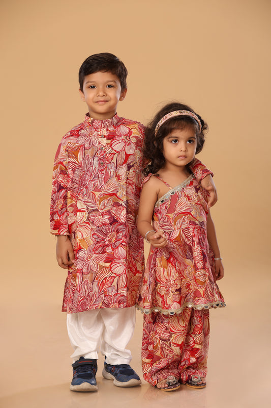 Floral Printed Off Shoulder Twinning Set - Boy - Red