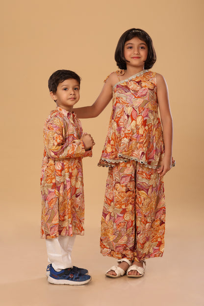 Floral Printed Off Shoulder Twinning Set - Orange