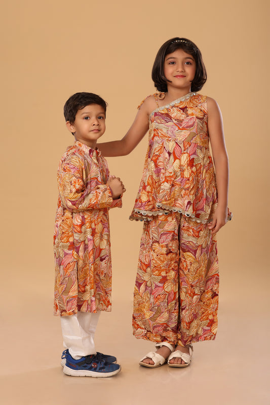 Floral Printed Off Shoulder Twinning Set - Boy - Orange