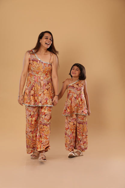 Mother Daughter Duo/ Floral Print Off Shoulder Set- Orange