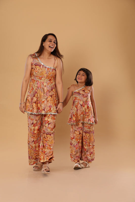 Mother Daughter Duo/ Floral Print Off Shoulder Set- Orange